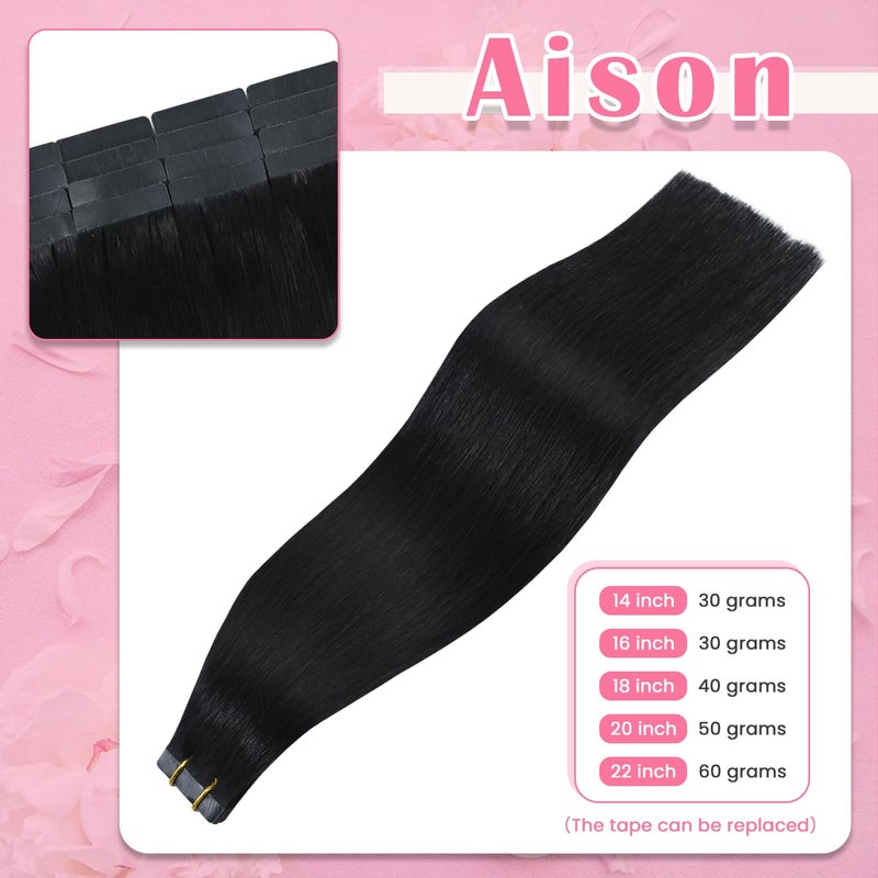 Aison Jet Black Tape in Hair Extensions Human Hair 16 Inch 30G Black Invisible Tape in Extensions for Women 20 Pcs/Package - Image 2